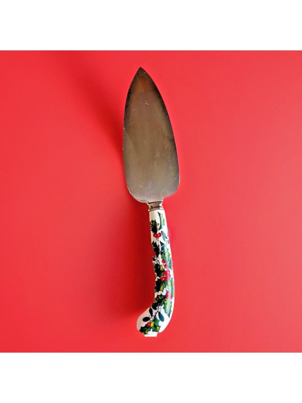 Prill Sheffield Cake Pie Server Porcelain Handle Holly Berries Stainless Steel